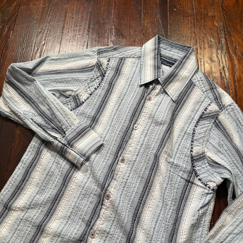7 Diamonds Shirt Mens L Blue Striped Seersucker Button Down Preppy
